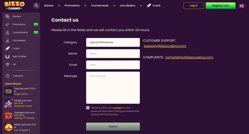 Bizzo Casino Support