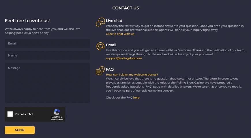 Rolling Slots Casino Customer Support